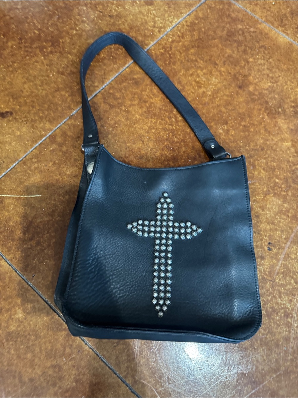 Black Studded Cross Leather Shoulder Bag